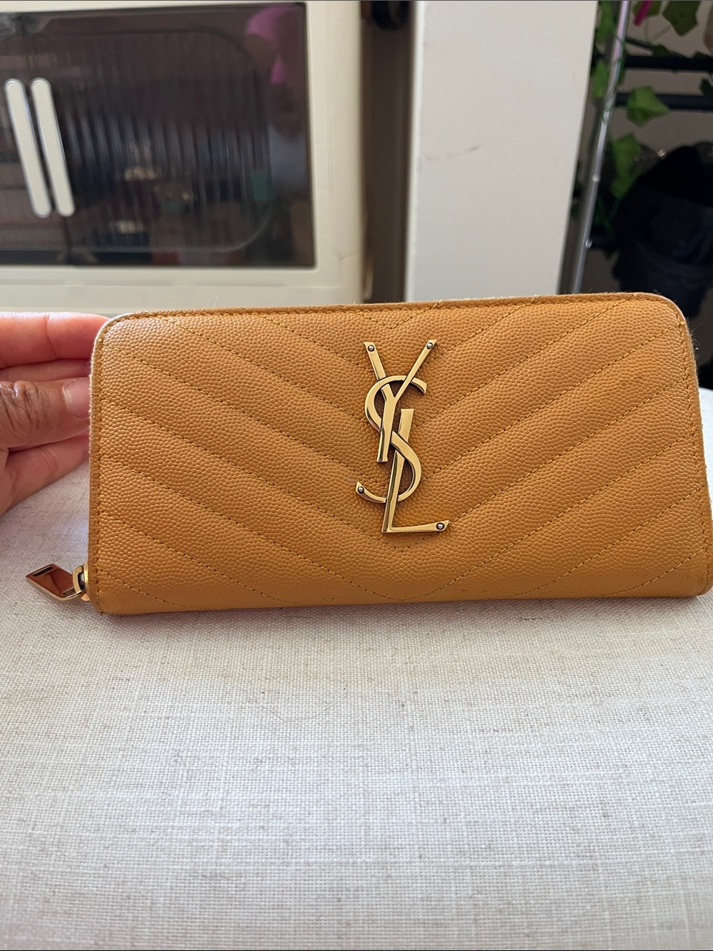 Saint Laurent Quilted Zip Wallet in Mustard Yellow with Gold YSL Logo - Picture 1 of 10